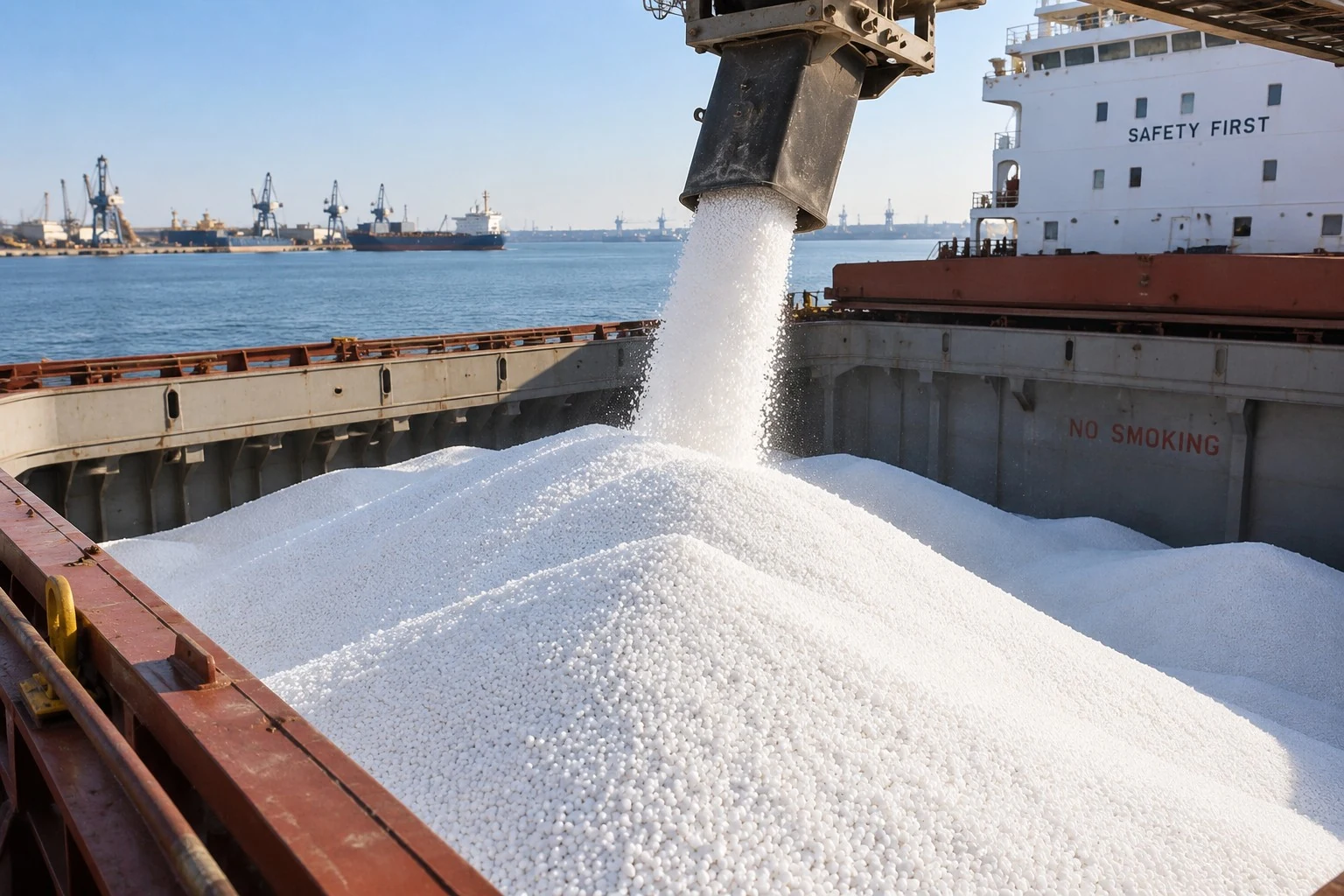 Bulk granular urea fertilizer loading into vessel for FOB and CIF trade